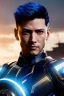 Placeholder: Male Cyborg anime warrior, dark blue hair, short hair, blue eyes, waist up portrait, 8k resolution, intricate details, ornate details, soft lighting, vibrant colors, retroanime, masterpiece, intricate eyeliner, dark eyeshadow, eyes, futuristic cityscape background