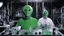 Placeholder: [Jason and the Argonauts (1963)] two smiling green extra terrestrial aliens in their experiment lab in the 60ties, tubes and cables and liquids everywhere, a large bed in the middle