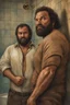 Placeholder: two ugly angry muscular chubby arabs 33 years old similar to bud spencer, very detailed, full figure shot, very realistic photography, dim light, view from below, tiled restroom, tattoo, masculine bearded, mature barely burly bearded muscled and robust, photorealistic, strong side light