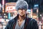 Placeholder: Gintoki in 8k 2D anime realistic drawing style, Gintama costum, close picture, rain, japan, neon, highly detailed, high details, detailed portrait, masterpiece,ultra detailed, ultra quality