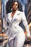 Placeholder: Create a watercolor image of a curvy African American female wearing a white business suit with white heels. Prominent make up with hazel eyes. Highly detailed very long extremely curly black hair. She is wearing silver and diamond Jewely that shines of the lights. Her skin is smooth and silky. Background of a busy city street