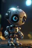 Placeholder: A cute robot being chosen as the official mascot for a horror movie festival..., 4 k, down light, depth of field, trending on art station, high detail, cracked ground