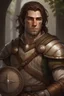 Placeholder: half elf, male, dnd, rpg, druid, wooden shield, portrait, middle age, brown hair with grey streaks, simple leather armor