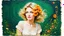 Placeholder: dark green background, abstract art complementary colours fine details , old torn worn paper, peeling, high grain, portrait of blonde woman , flowers in hair, acrylic, alcohol ink, fine drawing, A blonde woman in her 40s, with flowers woven into her loose, curly hair, sits in a whimsical, fairy-tale setting, surrounded by delicate swirling patterns reminiscent of the textures of old torn paper, in a vibrant, abstract style combining acrylic and alcohol ink techniques, with fine detailing that hi