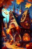 Placeholder: Fantasy village with tudor style architecture and stained glass window houses. The season is autumn and there are some pumpkins fantasy rpg art painterly