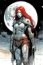 Placeholder: female with long red hair, wearing metal armor, whole body. A soft-focus image of the silver moonrise casting a cool glow, create in inkwash and watercolor, in the comic book art style of Mike Mignola, Bill Sienkiewicz and Jean Giraud Moebius, highly detailed, gritty textures,