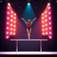 Placeholder: a picture of a gymnast lady show her performance on gymnastic parallel bar in a modern stage made of 3d geometric recursive structures and dynamic color lights