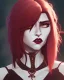 Placeholder: woman vampire, pale skin, brown long hair, galaxy cloak, blue eyes, very red lips, prominent cheek bones, slightly gaint face