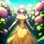 Placeholder: anime girl holding on to a dried dandelion flower and blowing the dried seeds into the air as the wind carries them away. outdoors scene.anime girl standing in a meadow of flowers. thw wind is blowing flower pedals into the wind. girl wearing yellow dress. more emphasis on seeds floating in the air. lots of seeds floating the air