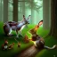 Placeholder: fantasy art, book illustration, "As you ride deeper into the forest, you begin to see signs of wildlife. A deer dashes across the trail ahead of you, and you hear the rustling of leaves as a squirrel scurries up a nearby tree. You also spot a group of rabbits playing in a clearing, and you watch as they chase each other in a blur of brown fur."