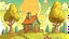 Placeholder: Cartoon style: far far away on the horizon between trees, a small wooden house