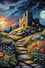 Placeholder: A close-up image of a rough stone wall with overgrown grasses, weeds, and vibrant flowers, featuring whimsical and surreal art, dark fantasy themes, dramatic lighting effects, intricate details, dreamy landscapes, gothic aesthetics, an ethereal atmosphere, and magical scenes with a moonlit sky with stars and constellations, a faint glow emanating from the cracks in the wall, and fireflies dancing around the glowing cracks.