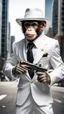 Placeholder: A monkey wearing a white suit with white hat and a cigar in his mouth with a machine gun posing like a gangster in a big city