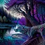 Placeholder: Ink art of a full-fledged flat wolf intricate hyper-detailed hyper-realistic river trees contrasting 4k colors