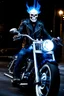 Placeholder: Ghost Rider with blue fire around his head, gritty, photograph