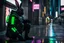 Placeholder: Cyberpunk black rabbit wearing body armor. He is on the neon-soaked sidewalks of the city. Photograph.