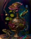 Placeholder: an ultra 8k detailed painting of many different types of surreal roses in a steampunk vase standing on a steampunk table, with a steampunk turtle on the table, by Dali, Rachel Ruysch, generative art, intricate patterns, colorful, photorealistic