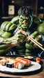 Placeholder: a hulk eating sushi with chopsticks, photo, 8K UHD,