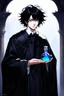 Placeholder: black hair, blue eyes,19year old, male, wearing black robes, alchemist, holding a flask full of blue liquid, in the style of Harry Clarke