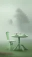 Placeholder: photoreal of desgin chair and a table in a misty green plain