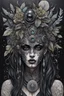 Placeholder: portrait vantblack pouring Acrylic an cyberpunk shaman woman extremely textured botanical-metal faced portrait with a voidcore metal gothica headdress with metallic filigree gothica ornaments around onix stones mineral stone metallic watercolour an black ink filigree silver voidcore shamanism foral ornaments plants and tree branches black ink on half face masque gothica filigree voidcore athmospheric organic bio spiral ökoart creepy stunning