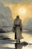 Placeholder: Obi-wan Kenobi. A soft-focus image of the golden sunset casting a warm glow, create in inkwash and watercolor, in the comic book art style of Mike Mignola, Bill Sienkiewicz and Jean Giraud Moebius, highly detailed, gritty textures,