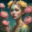 Placeholder: PHOTOREALISTIC PORTRAIT OF A GIRL of Cirque dU soleil, WALKING ON THE SHORE AT THE MOONLIGHT, AND EMBRACING PINK YELLOW PEONIES, VIVID colors: torquoise, pale salmon, persimmon, grey-green , pale lemon yellow, greenish gold, metallic bronze. ULTRA detailed; CORRECT anatomy, FACE and eyes, HIGH RESOLUTION AND DETAILS, HIGH DEFINITION, STYLE BY RAFFAELLO, MICHELANGELO, KAROL BAK, ANDY WARHOL, Anna Dittmann