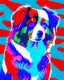 Placeholder: Vibrant, fun t-shirt design of a stylish Australian Shepherd dog with cool sunglasses and relaxed demeanor. The coat is a gradient mix of blue, red and white. The background is a fun red heart-shaped silhouette. The overall design is visually striking and would turn heads on a (((black t-shirt)))