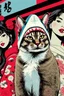 Placeholder: cat with shark mask hat solana surrounded by beautiful model women japanese style in the style of warhol