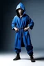 Placeholder: young human rogue in blue kimono clothing hood down full body