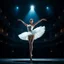Placeholder: A cinematic, high-quality video of a professional female ballet dancer performing on a grand, ornate theater stage. She is wearing a pristine white classical tutu and pointe shoes. The lighting is dramatic and moody, featuring a single strong spotlight from above that illuminates her against a dark, blue-tinted background of opulent theater balconies. The camera is static, at eye-level, capturing a medium-wide shot. The sequence begins with her in a graceful first position, then transitions into