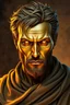 Placeholder: Portrait of Adam Warlock, Golden metallic skin and golden glowing eyes wearing torn robe, looking peacefully