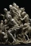 Placeholder: Imagine a mass of figures intertwined in a grotesque and chaotic embrace. Their bodies, covered in thin ragged cloth, merge together to create an unsettling and visually compelling image. Focus on showing different body types, skin tones and expressions ranging from anguish to ecstasy. It's not a sensual entanglement, but something disturbingly intimate. The figures' bodies weave in and out of gnarled, skeletal branches. These branches both sprout from the human forms and confine them, stretchin