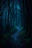 Placeholder: fantasy winding dark forest path with the path lit and animal eyes in the darkness and cobwebs and little will o' wisps
