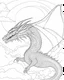 Placeholder: Mystical Dragon in a Celestial Sky: Craft a coloring book page featuring a mystical dragon soaring through a celestial sky. Use a sketch style with only outlines to showcase the dragon's majestic form. Frame the scene with a rectangular border adorned with magical patterns, creating a sense of wonder and fantasy.