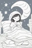 Placeholder: Little girls sleeping under a crescent moon with crescent-shaped pillows and blankets. Use crescent moons for the sleep accessories and a serene night sky.,very happy , Colloring page for todlliers ; basic hawali style cartoon , black and white , ink outlines , , smooth , anime style , minimalist , cute eyes , full body , white shose , sketchbook , realistic sketch , free lines , on paper , character sheet , clean line art high detailed