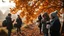 Placeholder: Autumn: falling leaves, Misty mornings, fog over distant fields or forests, sunshine; people wearing scarves, woolly hats, gloves, holding steaming hot drinks; chestnuts, acorns, berries, rowan, holly, mistletoe, birds migrating, squirrels gathering nuts, rabbits, beautiful colours, atmospheric. Award winning photograph.