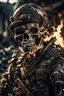 Placeholder: ultra high definition image of an attractive but scary looking skeleton, rising from the ashes, a war veteran, partially humanlike characteristics, army beret and ripped amo wear, very detailed, chaotic background, dramatic close-up action shot of him on a burned out war tanker with a torpedo on shoulder ready to fire and ammo ,gothic and dark theme, 12k