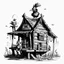 Placeholder: Make black and white cute drawing of a Baba Yaga’s House (Walking Hut on Chicken Legs) with black bold lines. Only outline, no grayscale. A quirky wooden hut with chicken legs