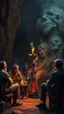 Placeholder: Bosch painting style nightmare , 3D , a Hookah , people sitting and smoking it , background, high Quality picture , 8k
