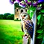 Placeholder: Adobe Promp: On a wall, a close up of a barn owl, side view, in a lavish background of blooming passion flowers. In the background in the distance an old ruin. A fisheye effect, a small depth of field, a sloppy look, a vintage atmosphere. a botanical image. Glamour glow, beautiful light.