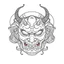 Placeholder: White, minimalis line art , oni mask japanes funny , vector, white background, outline, with images neatly contained within the background, just black and white color,