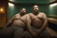 Placeholder: full body shot photography, two muscular chubby ugly burly marocan men , sweat, bulge, masculine hairy 43 year old man, curly hair, manly chest, curly beard ,big shoulders, big arms, big legs, bulge,, ambient occlusion , lying down sleeping in a steamy Sauna, super high resolution, 8k, dim light, side light, ultra hyper realistic, frontal view