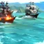 Placeholder: Two pirate ships fight each other at sea. Firing cannons. One ship is hit and burns after being hit.