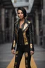 Placeholder: Full body punk rocker girl using A high detailed render of a black and gold long black leather jacket.style : photography