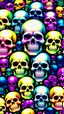 Placeholder: a field of 1000s of psychedelic psylocibin induced anatomically correct, skulls, vivid RANDOM BRIGHT neon colors, dark comedy, well lit, high detail, photorealistic, horrorcore, fun, scary, none featured, each a different color or hue,