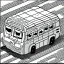 Placeholder: isometric rigid smiling bus with eyes by jim woodring in cartoon style