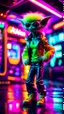 Placeholder: sexy stunt furry hairy alien pimp tap dancer fashion gremlin in telephone both parked in dark neon lit reflective wet arcade hall tunnel,bokeh like f/0.8, tilt-shift lens 8k, high detail, smooth render, down-light, unreal engine, prize winning