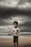 Placeholder: desaturated oil painting of boy on beach, old clothes, dark storm clouds overhead, gloomy, bleak, little fires