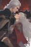 Placeholder: A couple from the dnd game curse of Strahd kissing. She has white hair he has long black hair.